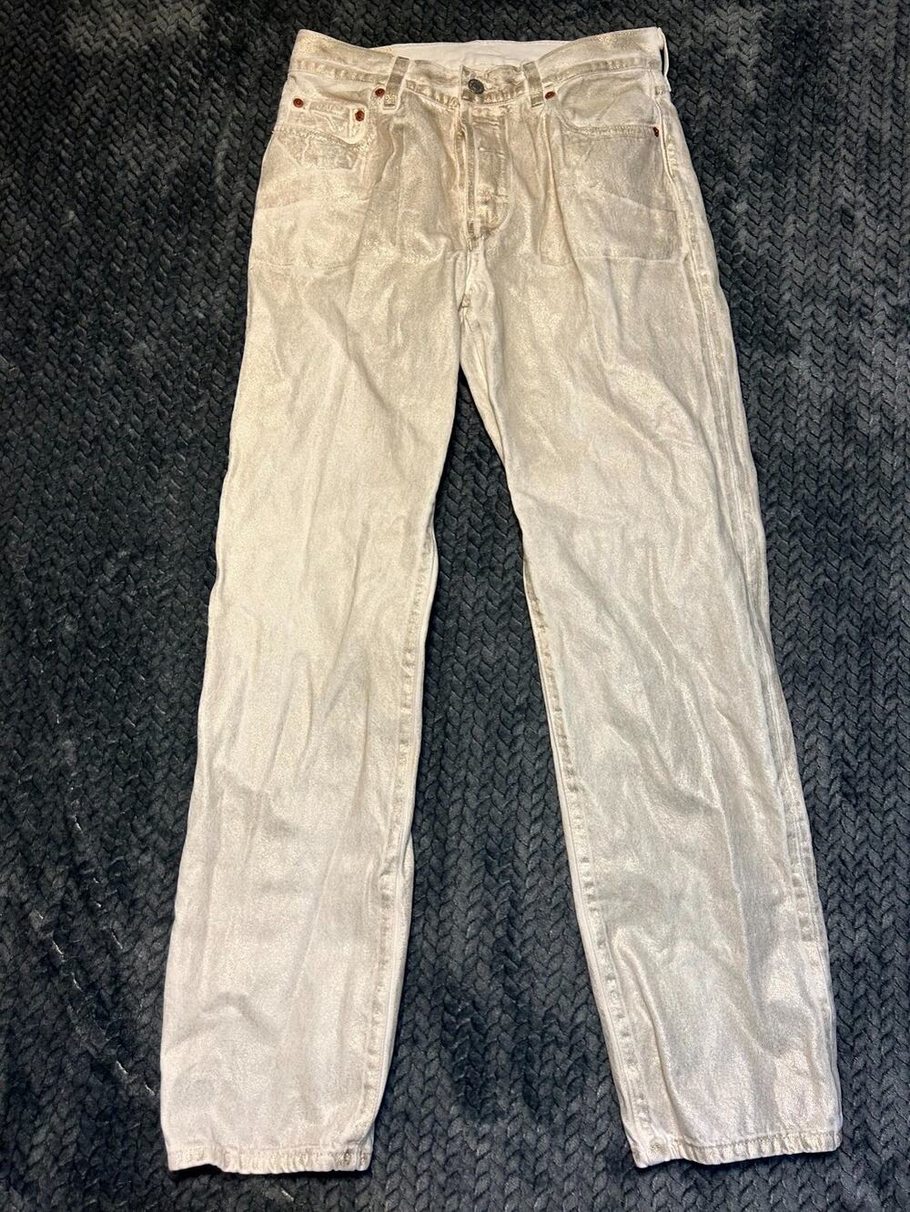 Levis 501 Jeans Womens 28x32 White Denim Shimmer Coated Logo Straight Leg Cotton